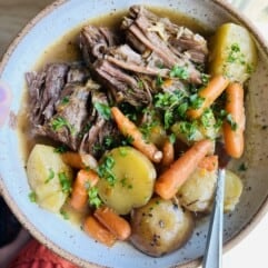 Bowl with pot roast, potatoes and carrots. 