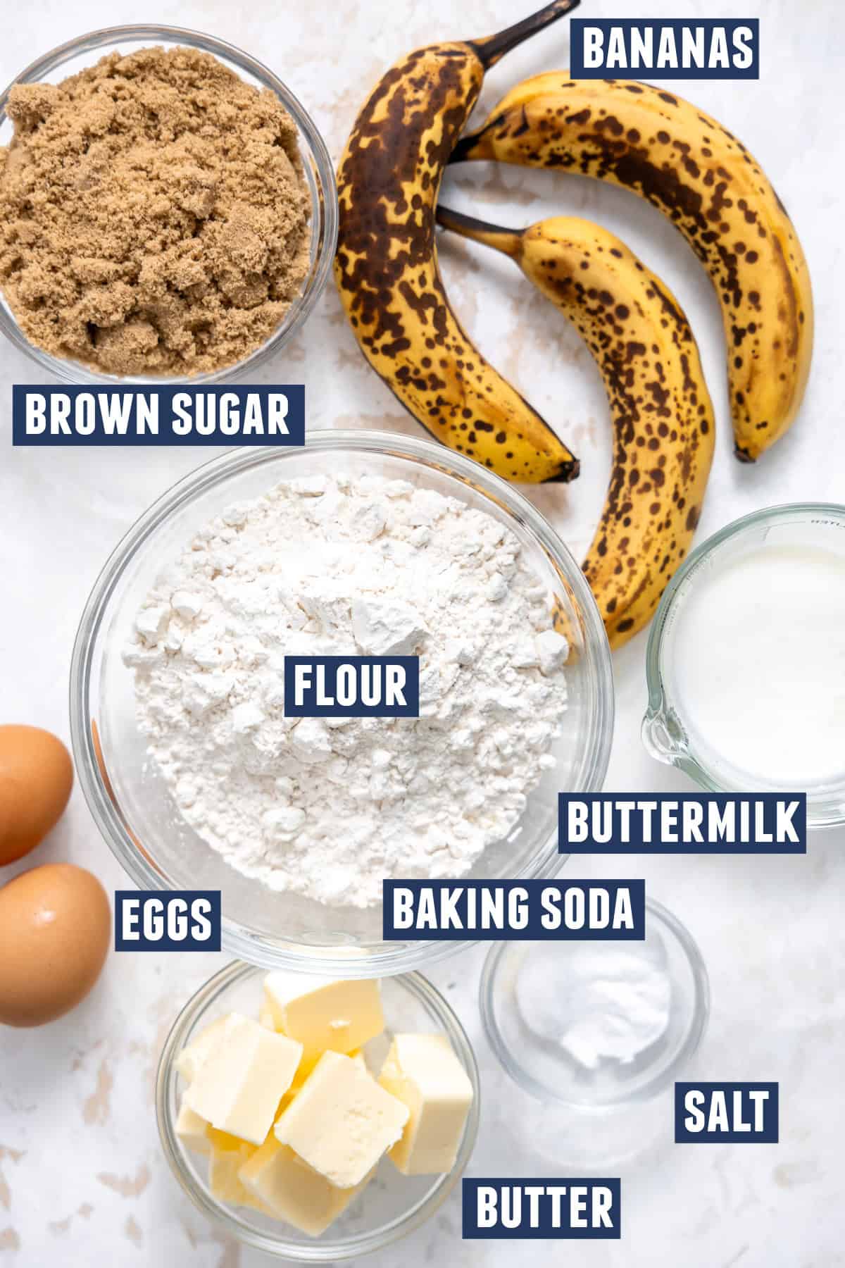 Ingredients needed to make banana bread. 