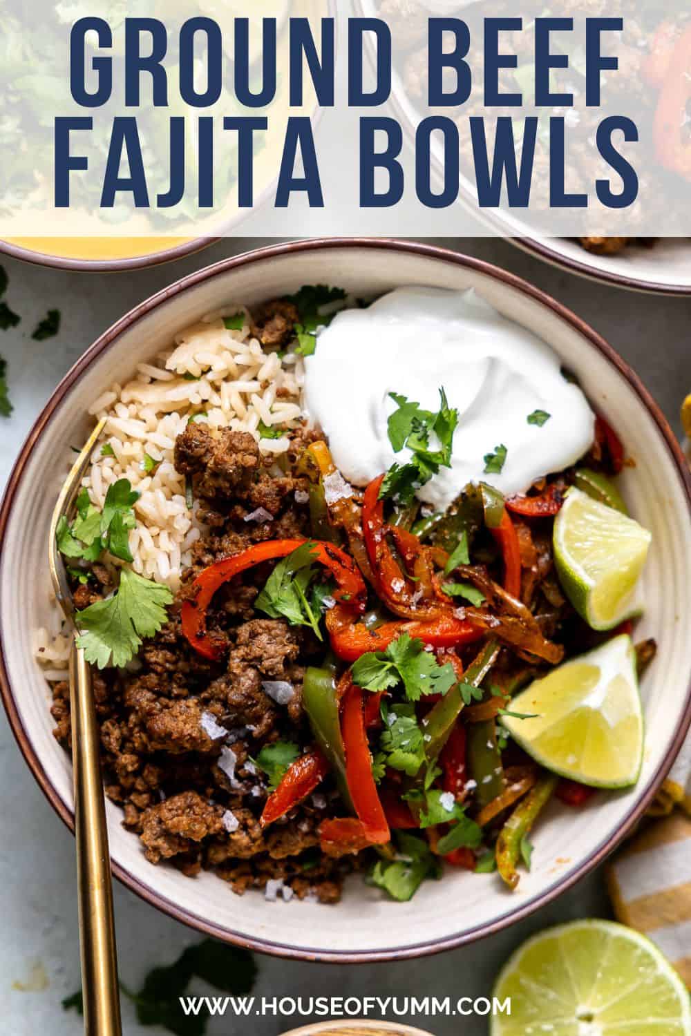 Ground beef fajita bowls with text.