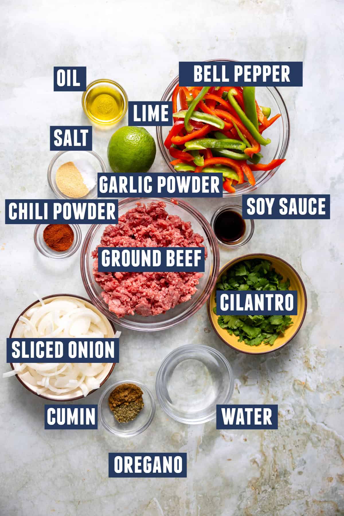 Ingredients needed to make ground beef fajitas. 