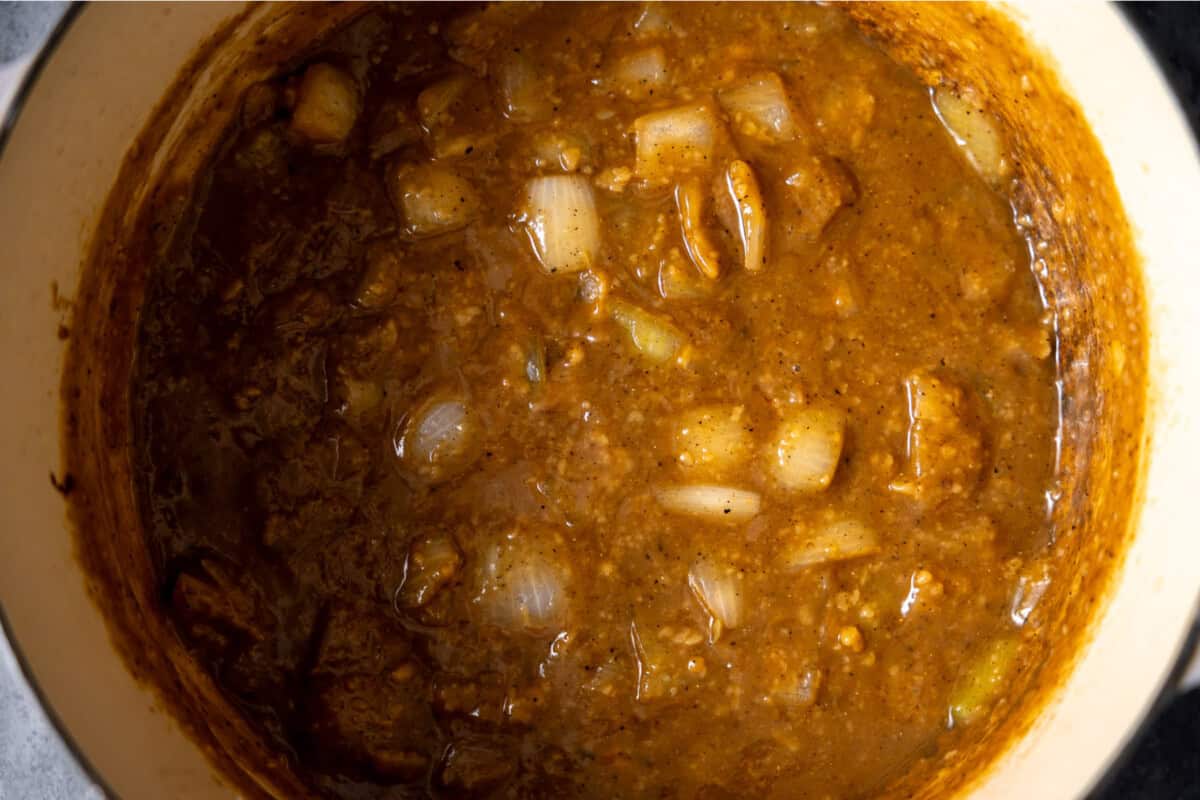 Sauted veggies in a creamy gravy sauce to pour over the top of chuck roast to make a slow cooker pot roast. 