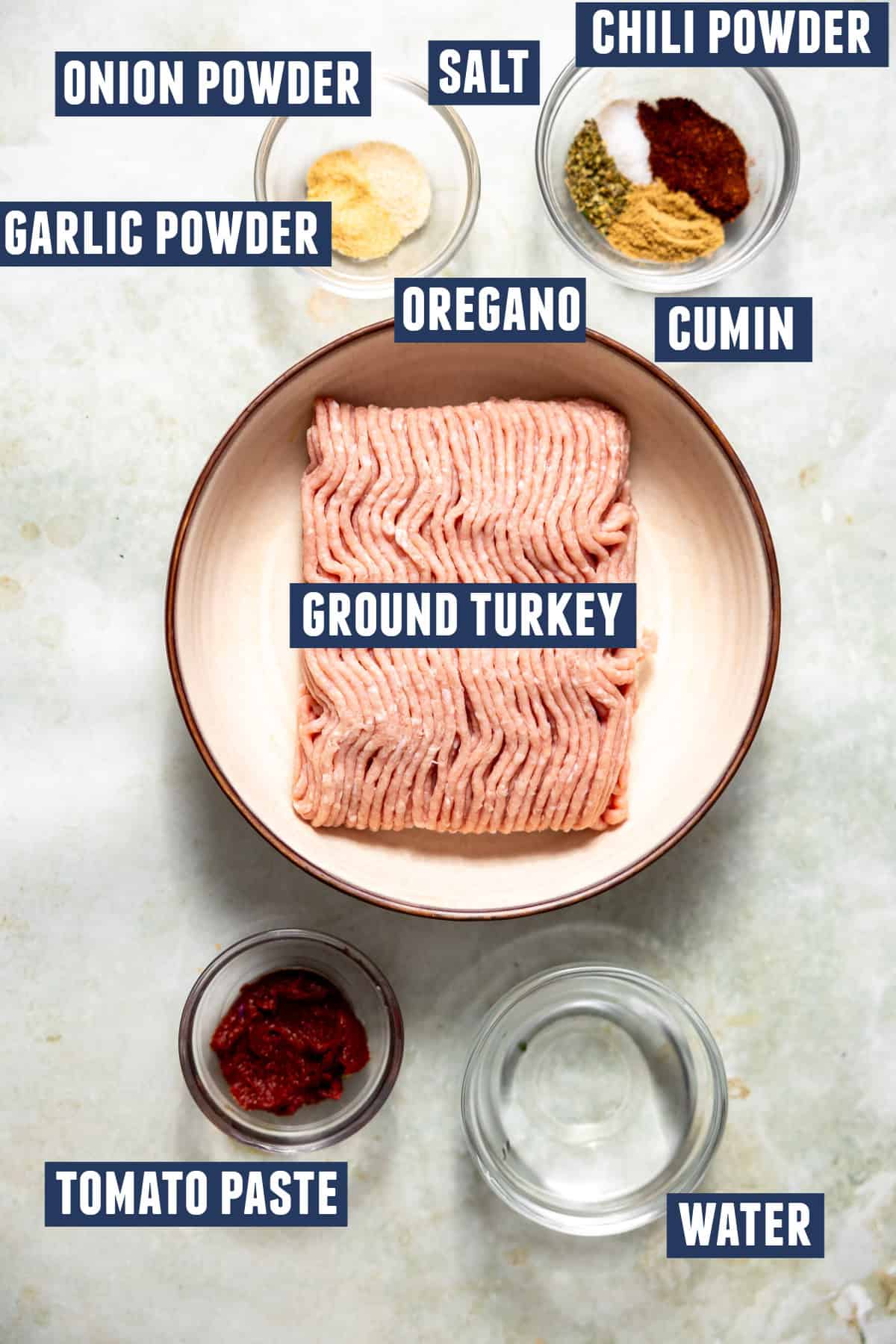 Ingredients needed to make crispy turkey tacos. 