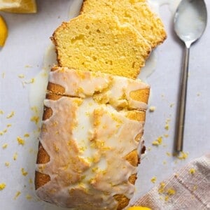 Lemon loaf cake sliced and ready to serve.