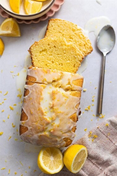 Lemon loaf cake sliced and ready to serve.