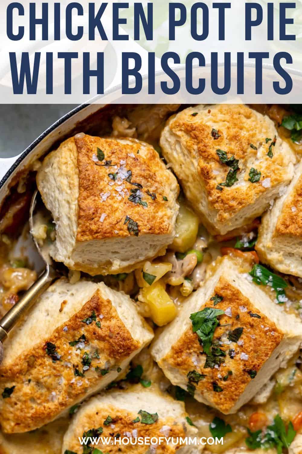 Chicken pot pie with biscuits pin image.