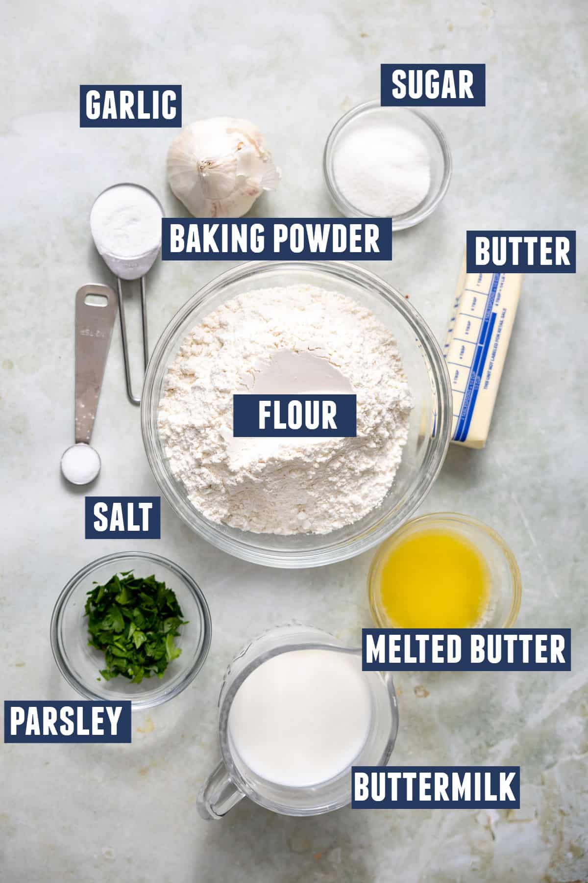 Ingredients needed to make chicken pot pie biscuit topping. 