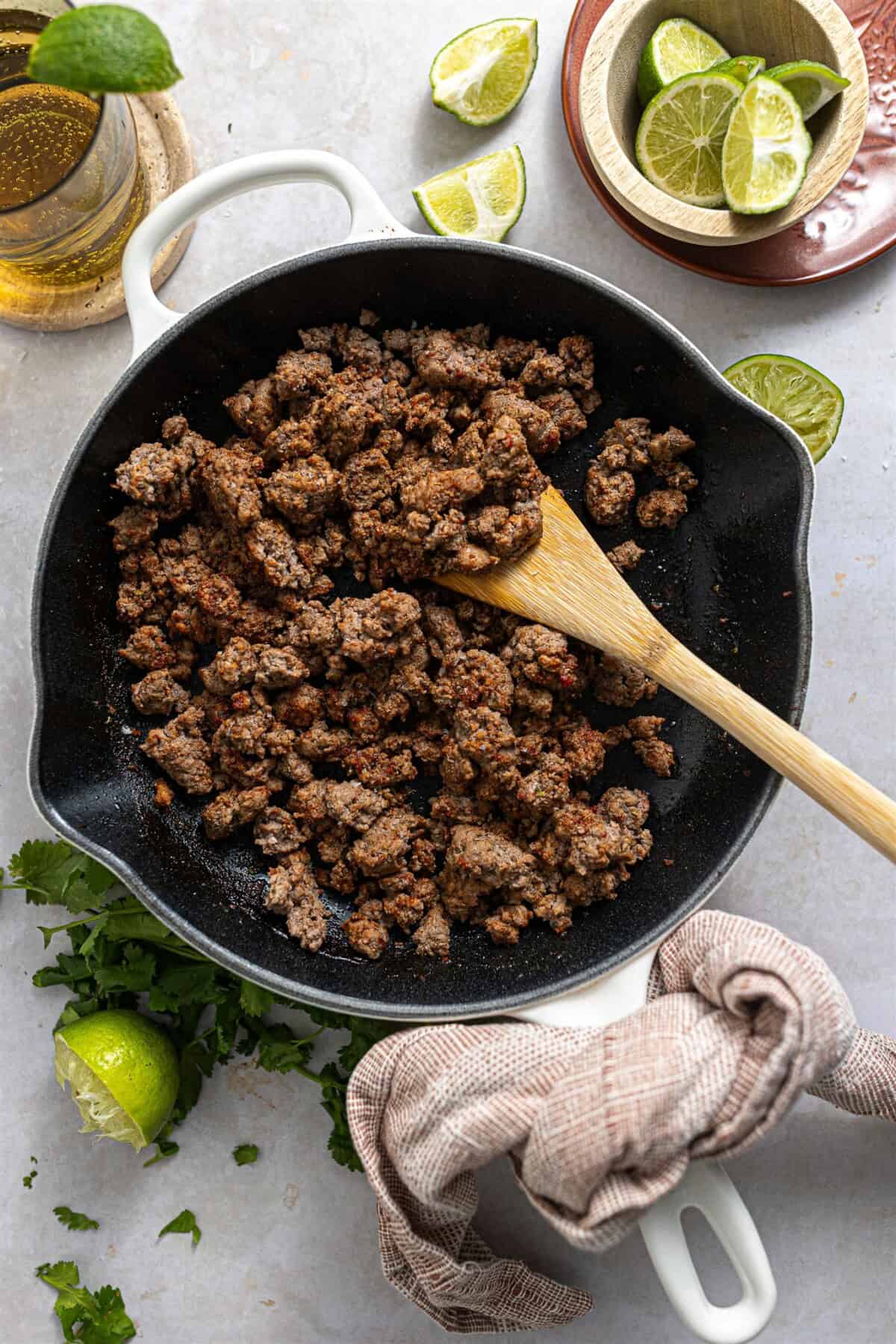 Chipotle ground beef in a skillet. 