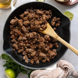 Chipotle ground beef in a skillet.
