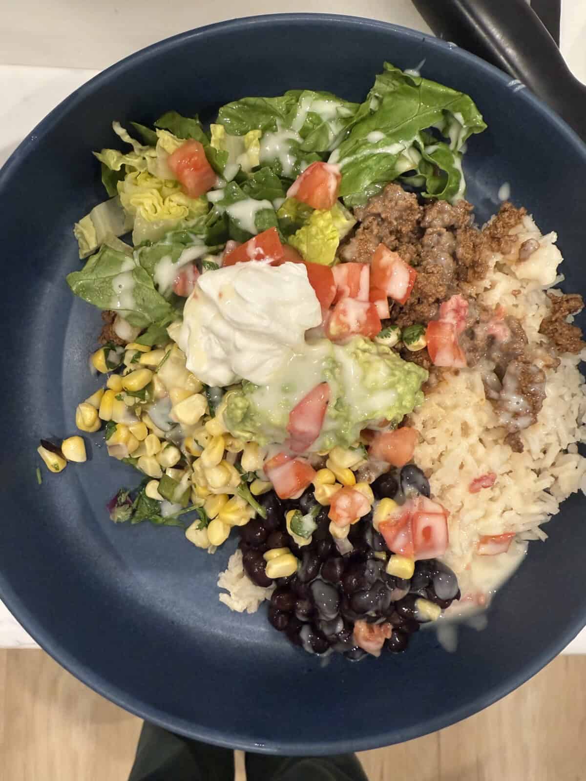 Burrito bowl with chipotle ground beef.