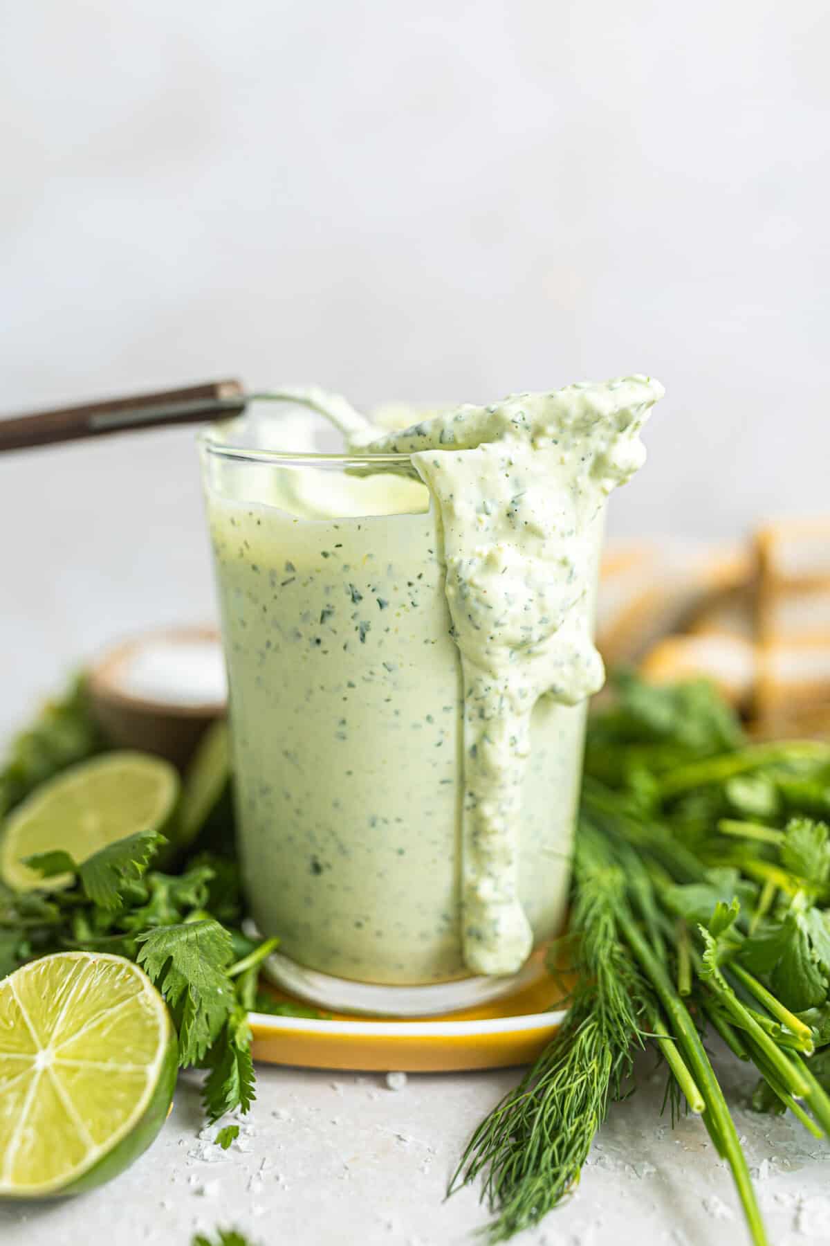 Avocado ranch dressing in a glass