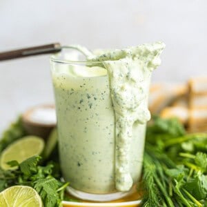 Avocado ranch dressing in a glass