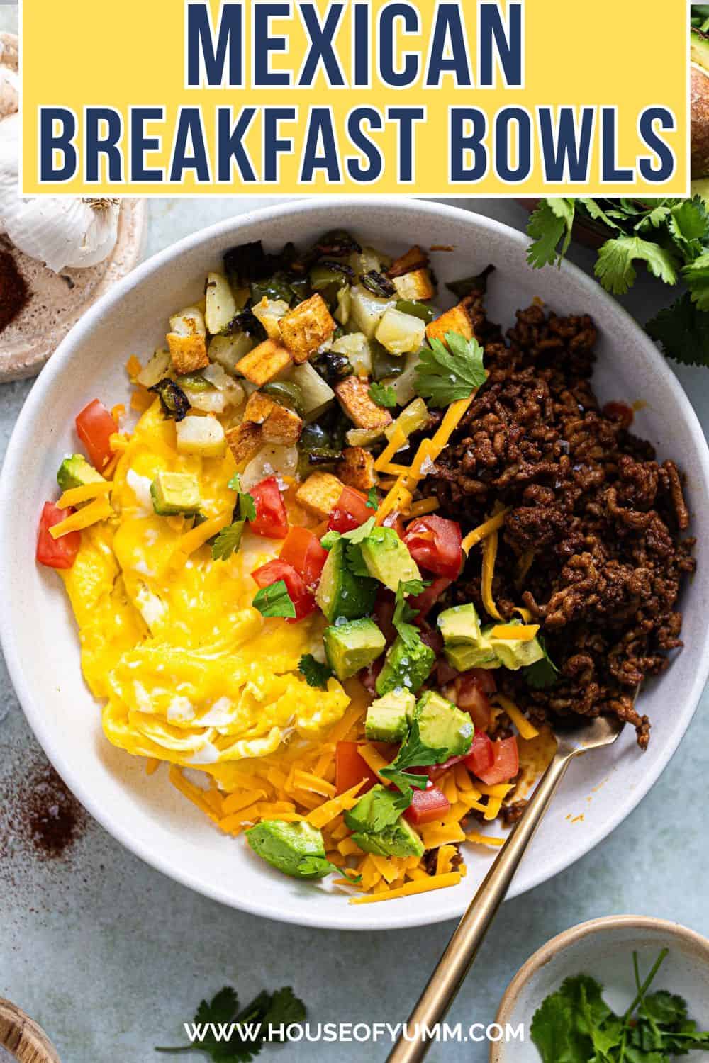 Mexican breakfast bowls with text.