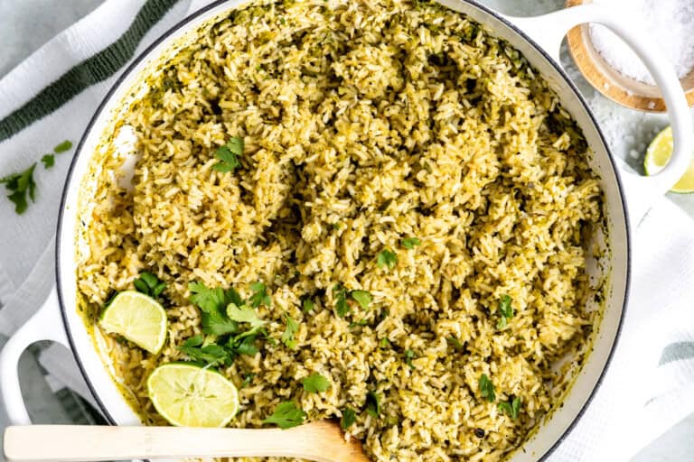 Finished Mexican Green Rice in a skillet.