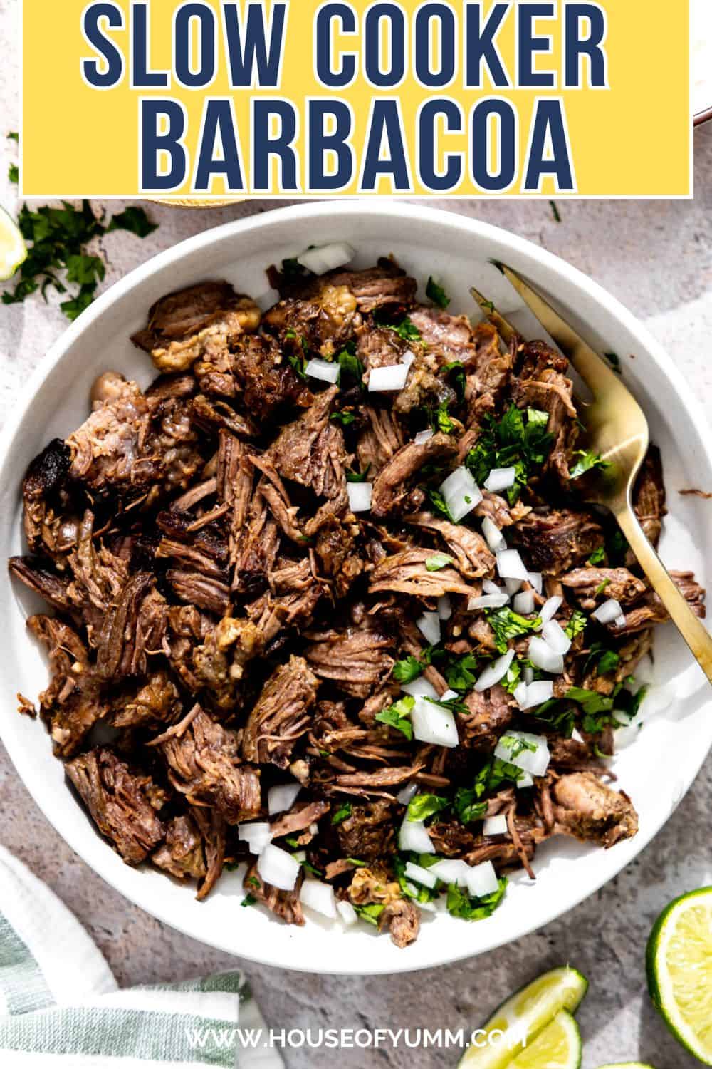 Slow Cooker Barbacoa with text.