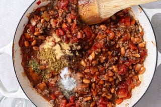 Chili beans and meat in a pan