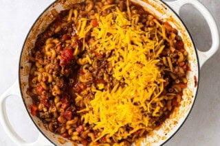 Chili mac and cheese in a skillet