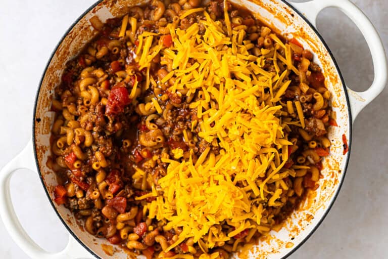 Chili mac and cheese in a skillet