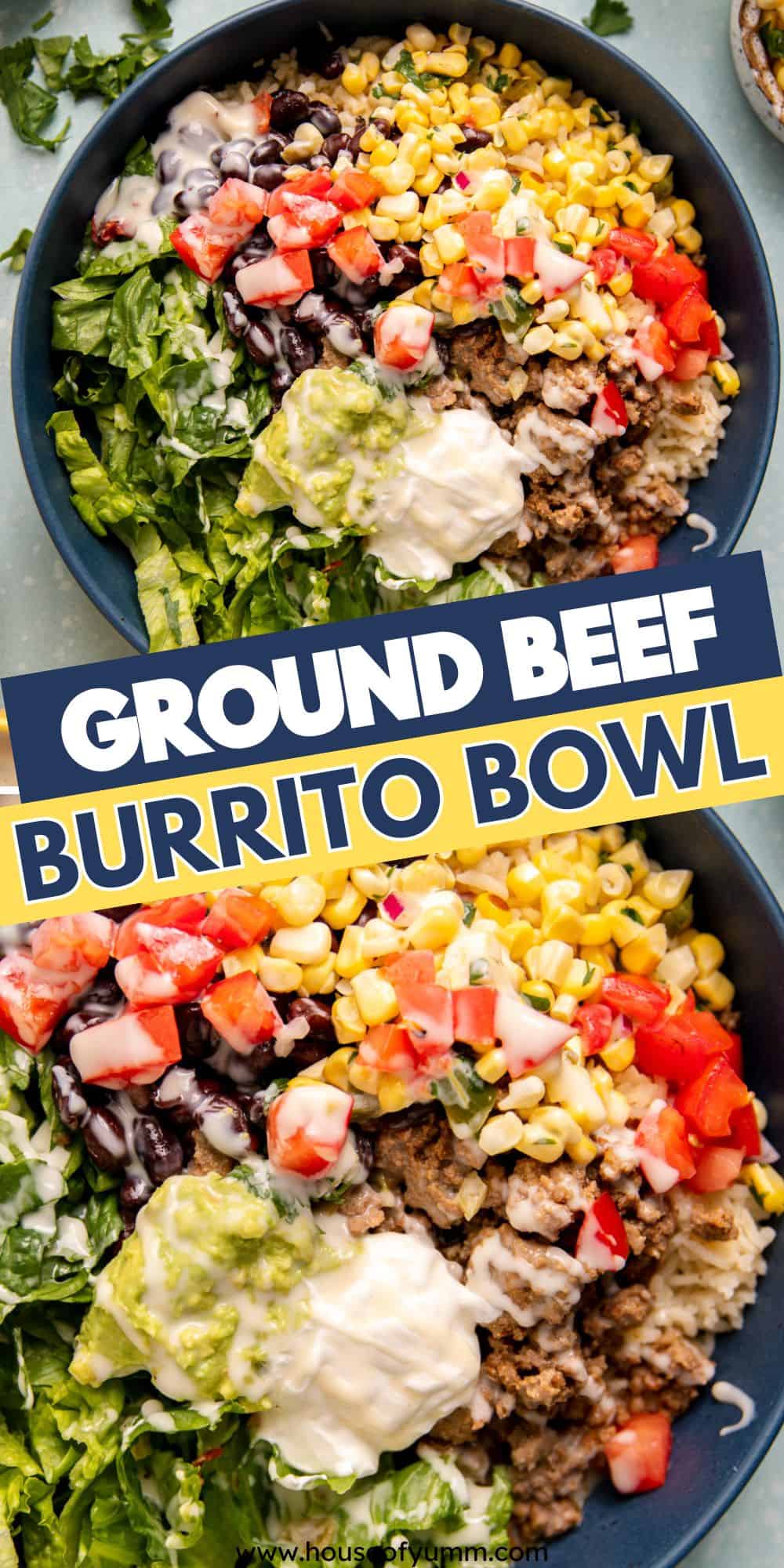 Ground beef burrito bowl with text.