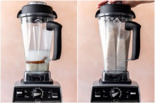Blending rice with cinnamon sticks and water.
