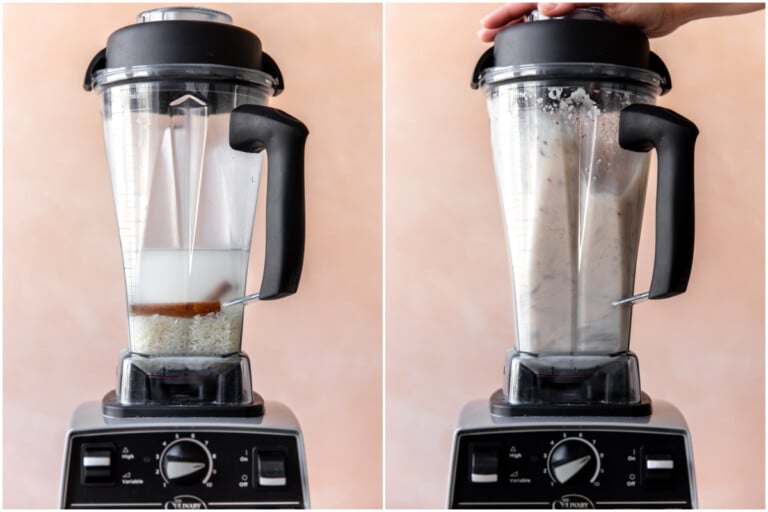 Blending rice with cinnamon sticks and water.