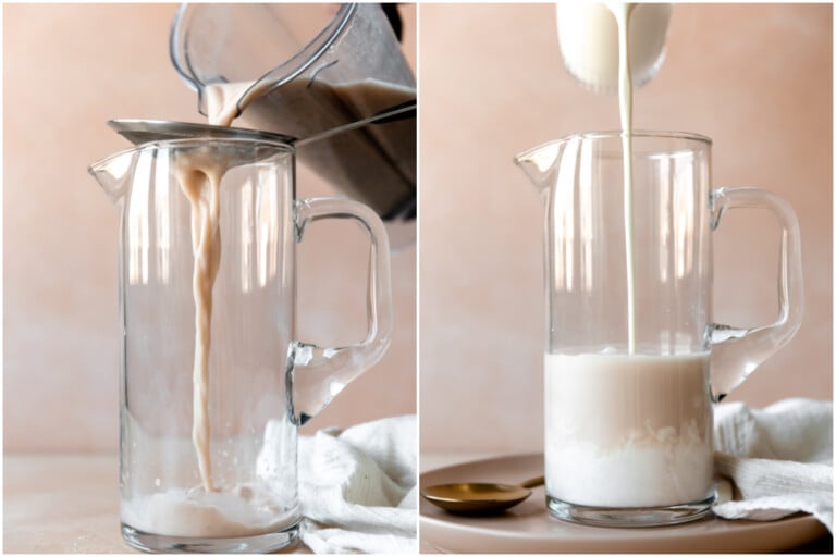 Straining horchata mixture into a glass pitcher.