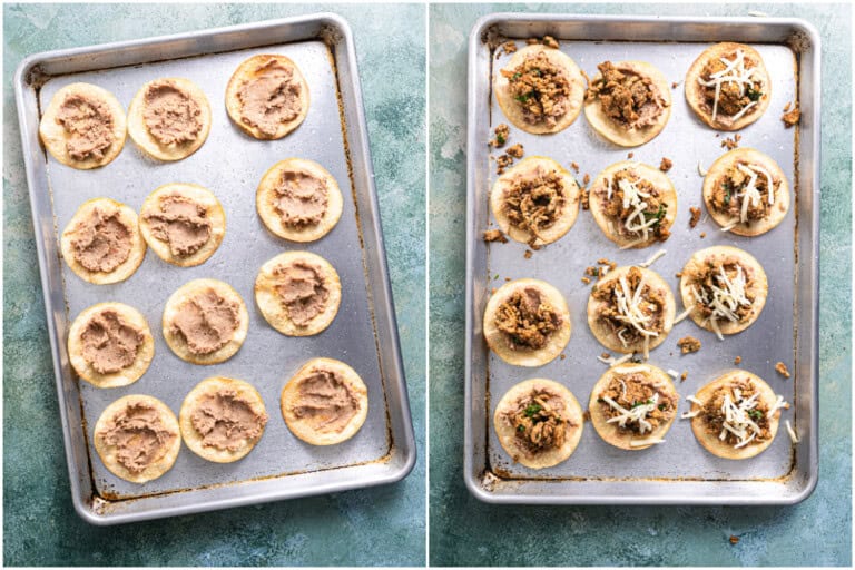 Crispy tostadas topped with refried beans, ground chicken, and cheese.