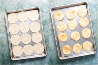 Corn tortillas on a baking sheet before and after baking.