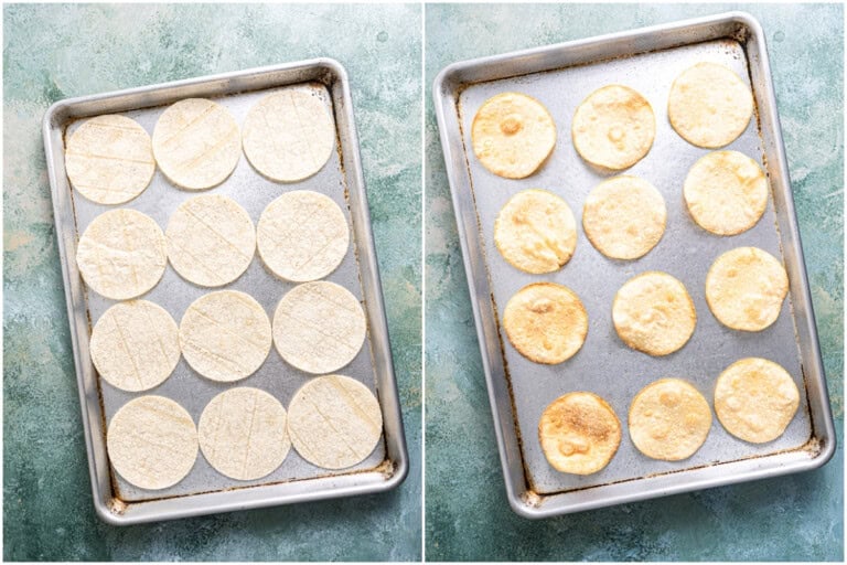 Corn tortillas on a baking sheet before and after baking.
