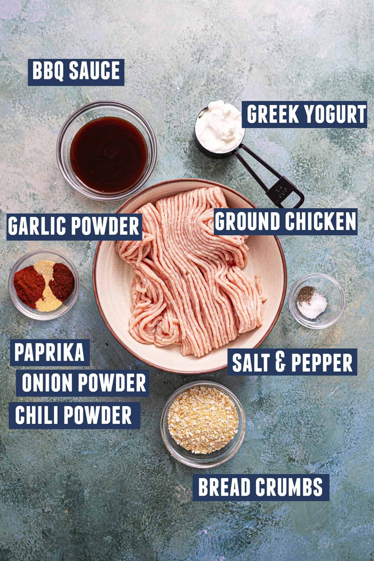Ingredients needed to make sheet pan BBQ Chicken meatballs. 