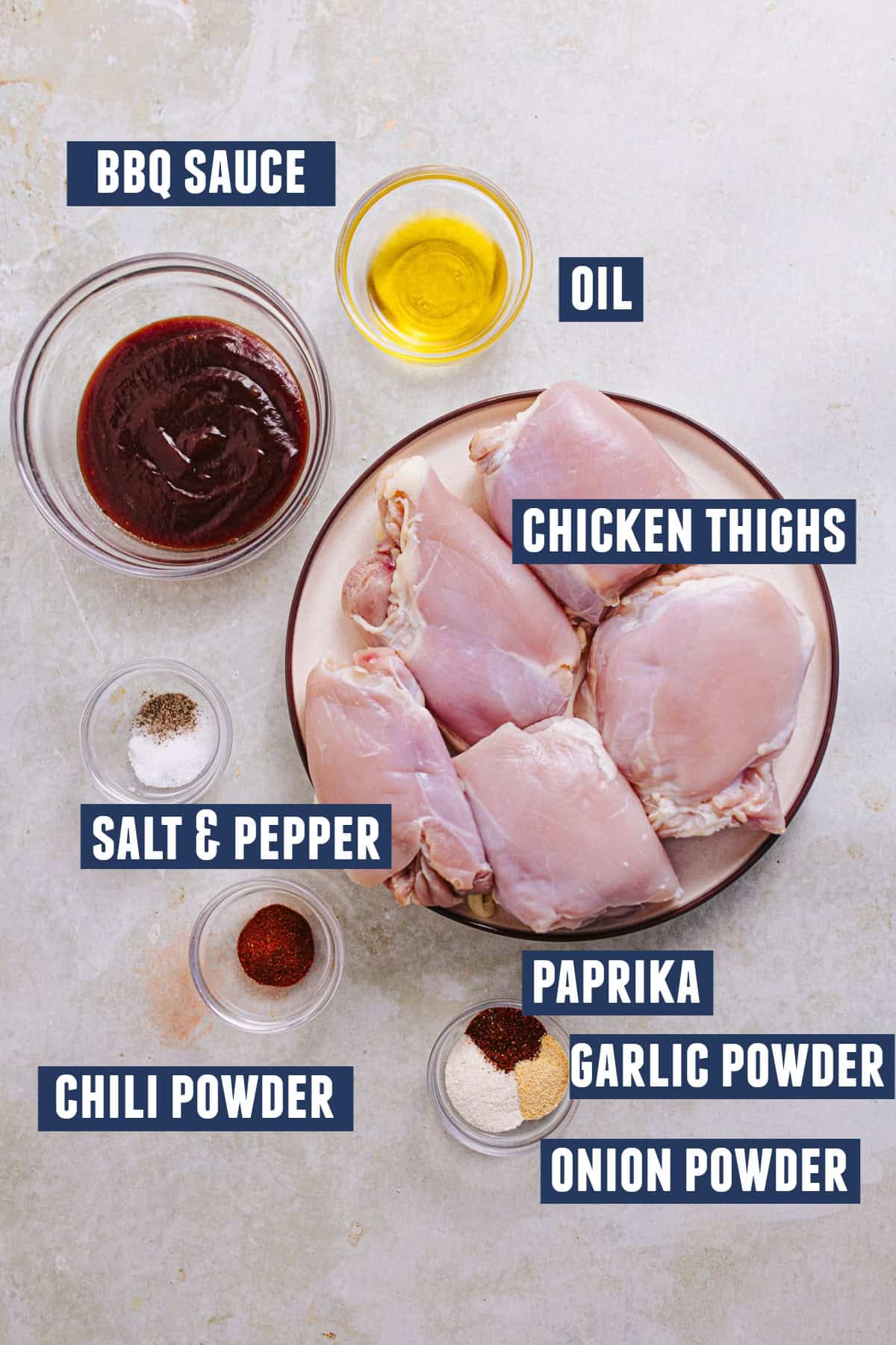 Ingredients needed to make BBQ chicken.
