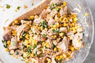Mexican Street Corn Chicken salad in a glass bowl.