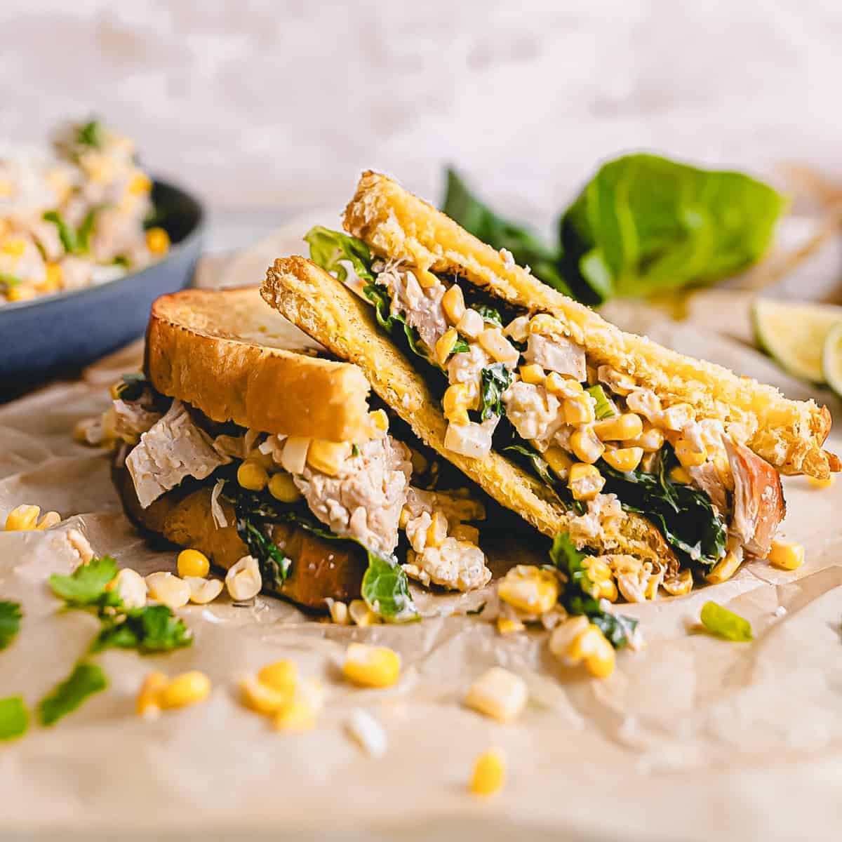 Sandwich with Mexican Street Corn Chicken Salad. 