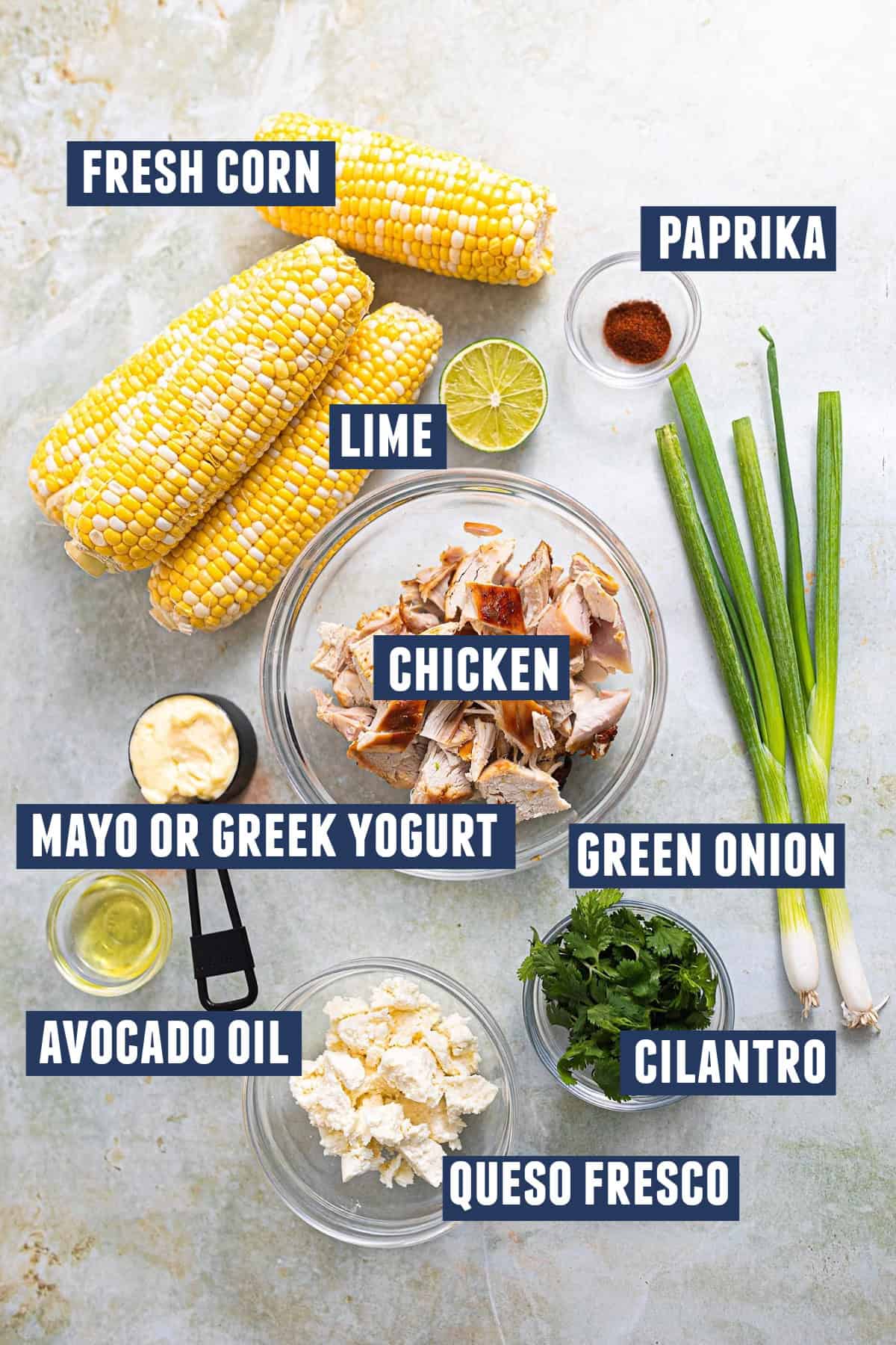 Ingredients needed for making Mexican street corn chicken salad. 
