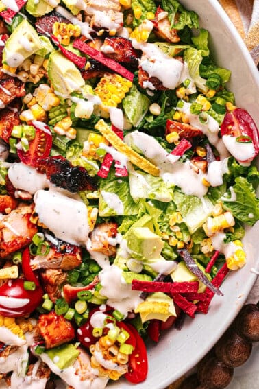 BBQ Chicken Salad drizzled with ranch dressing.