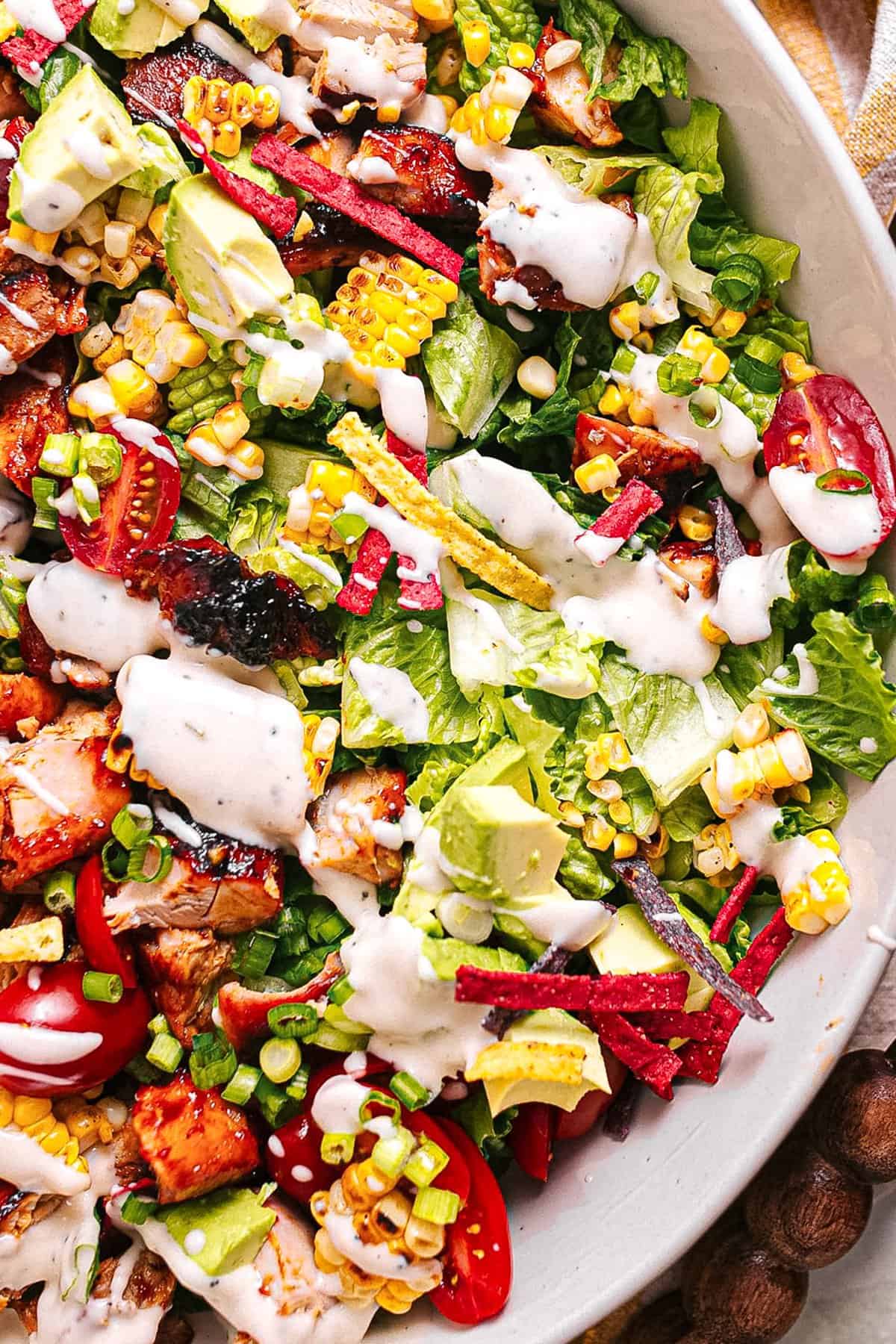 BBQ Chicken Salad drizzled with ranch dressing. 