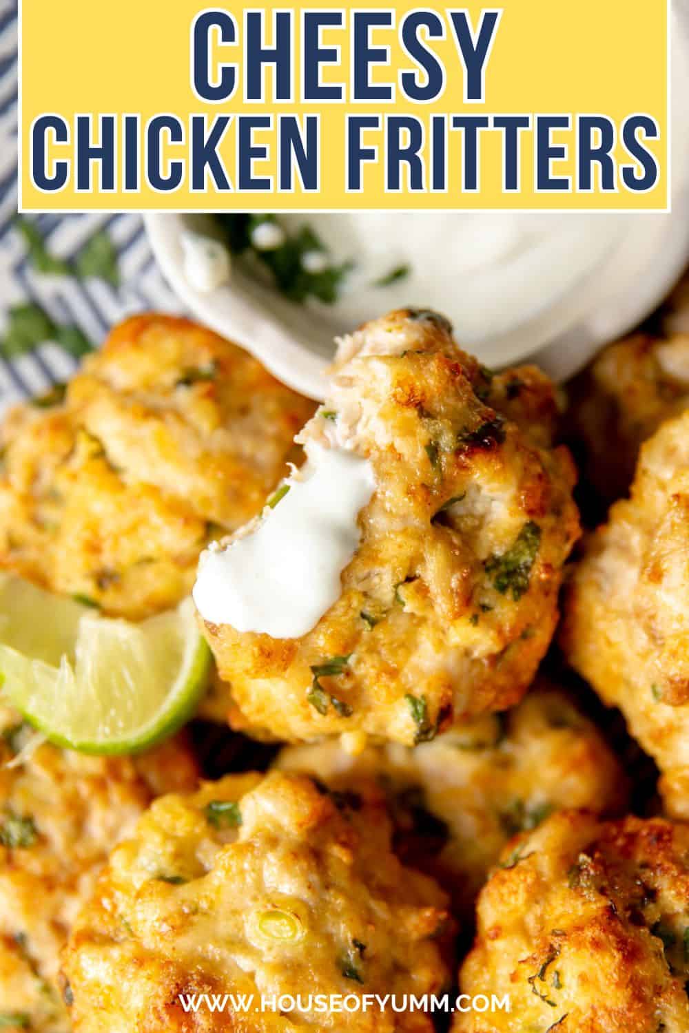 Cheesy Chicken Fritters with text.