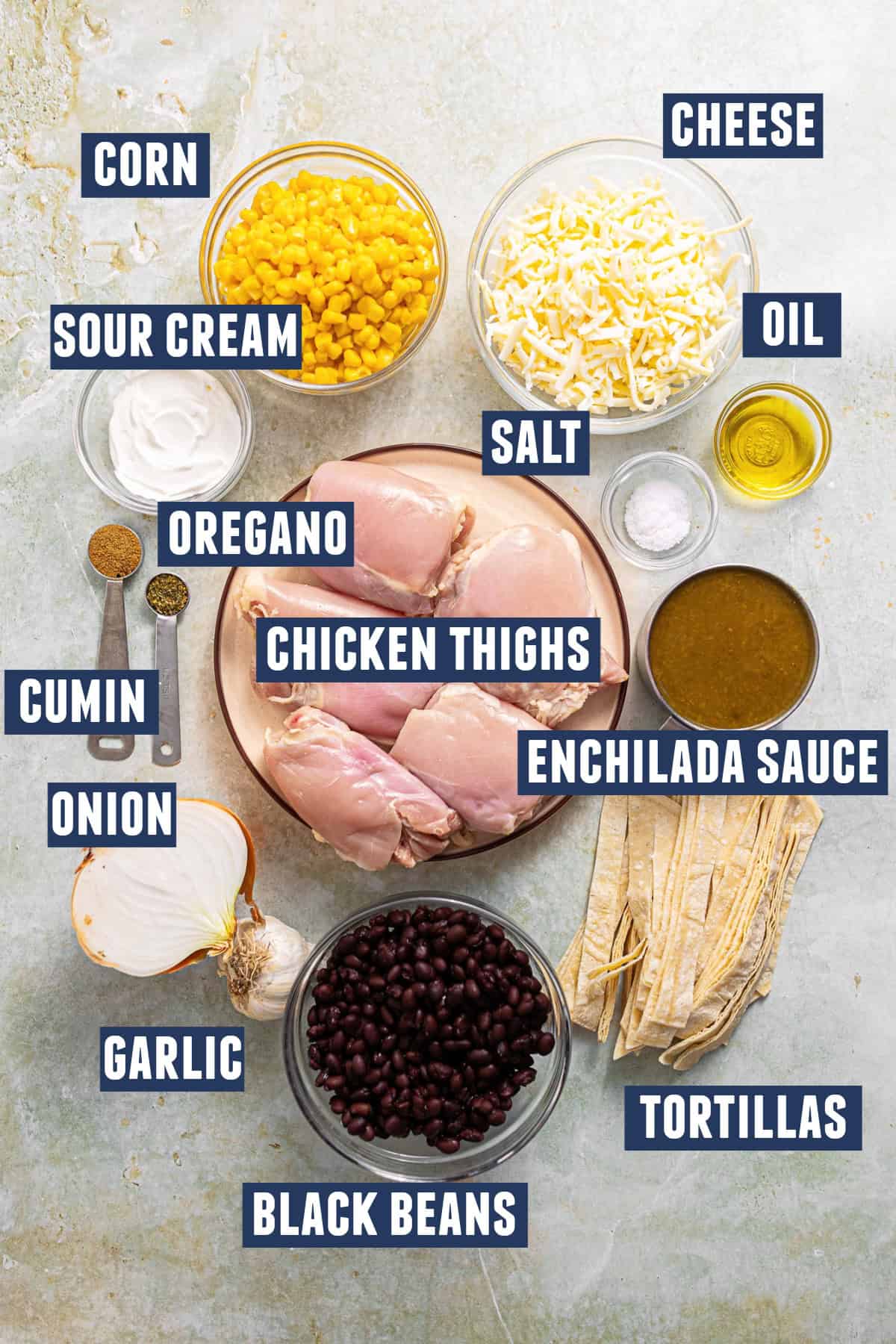 Ingredients needed for green chicken enchilada casserole.
