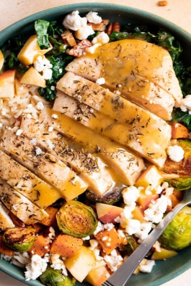 Harvest Chicken bowl with maple dijon dressing.