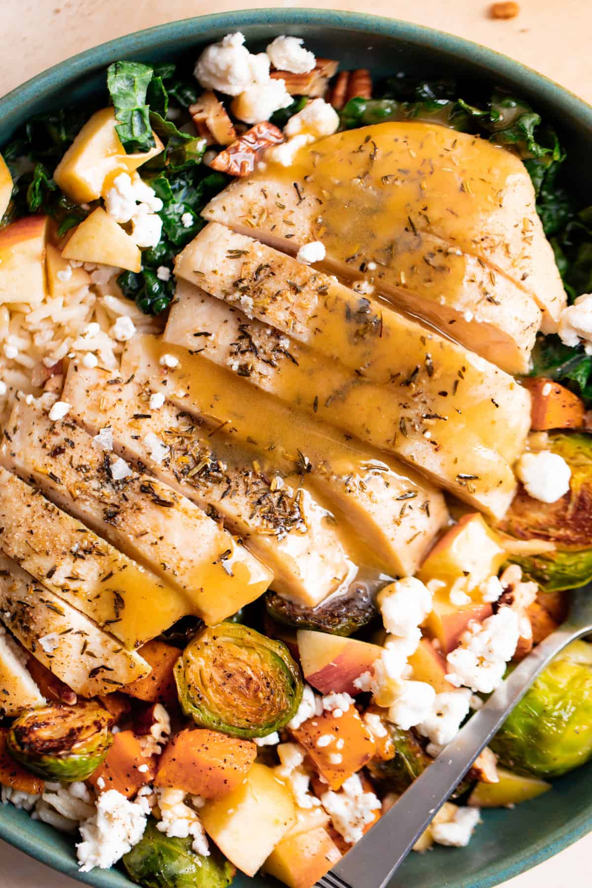 Harvest Chicken bowl with maple dijon dressing.