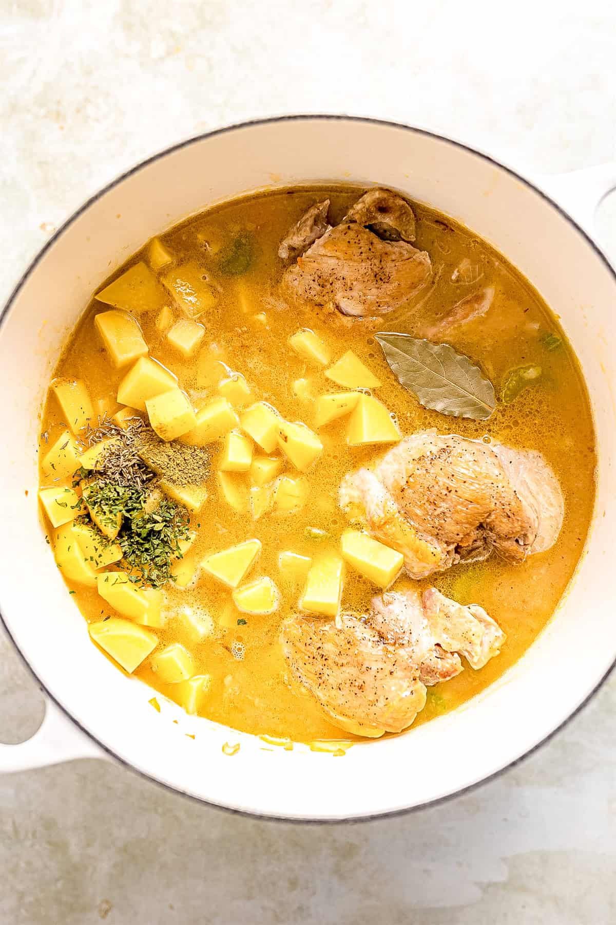 Chicken and veggies added into broth in a dutch oven to make stew. 