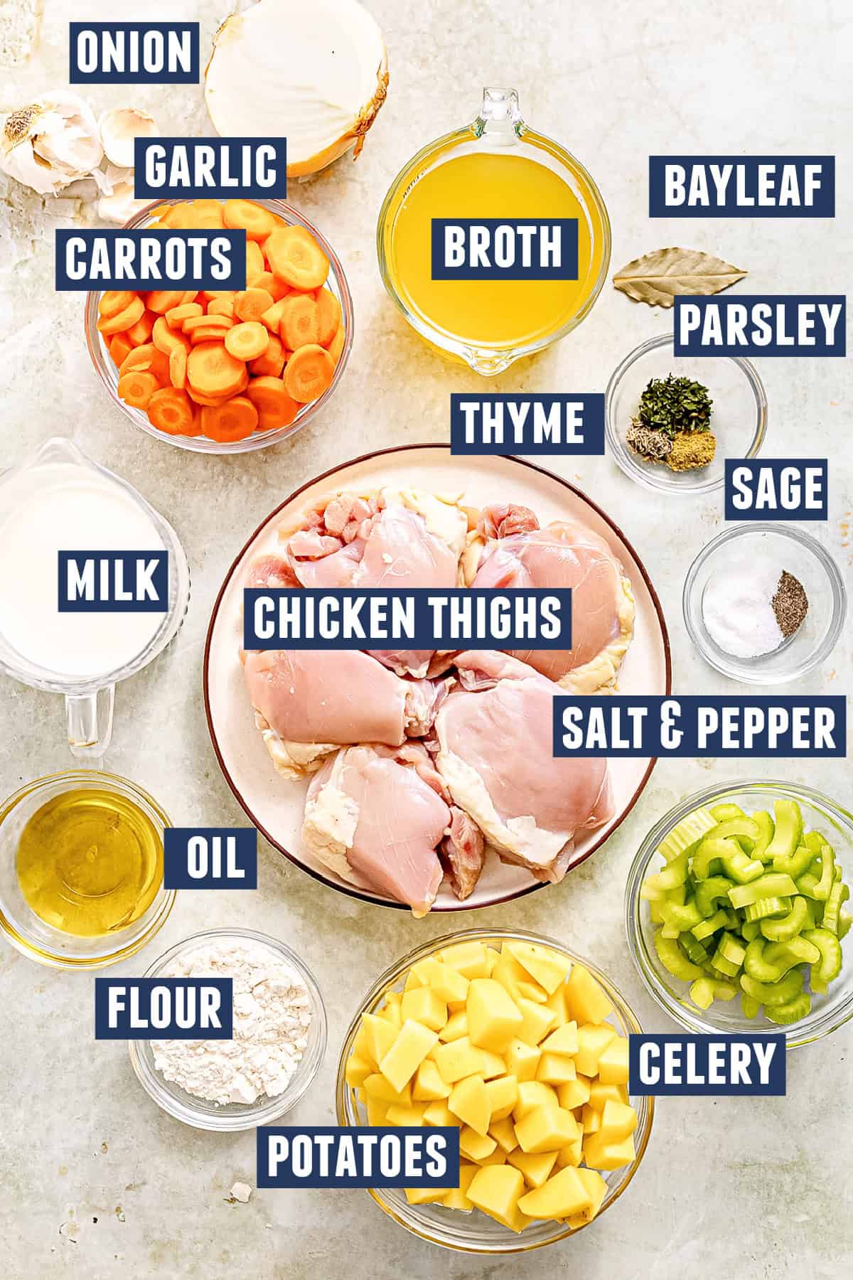 Ingredients needed to make chicken stew.