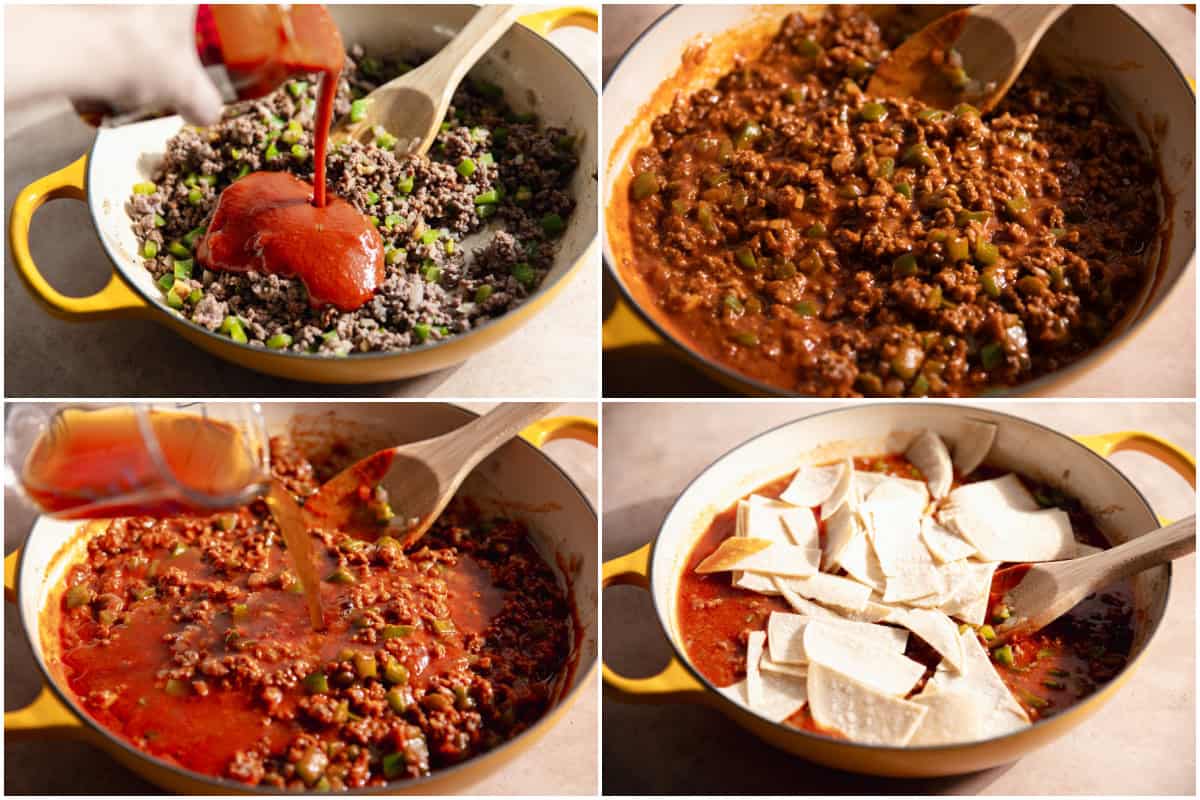 Collage making enchilada skillet: showing adding enchilada sauce, broth, and tortilla strips.