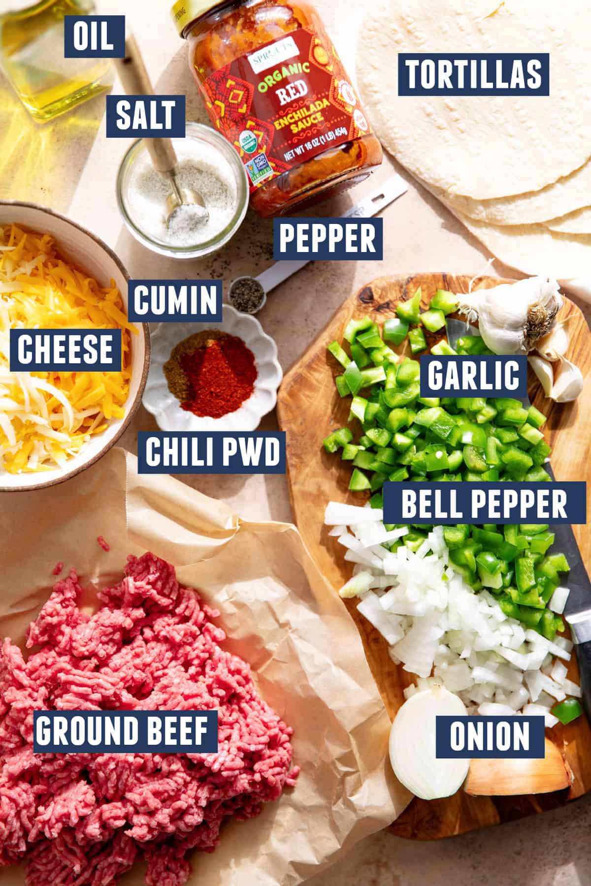 Ground beef enchilada skillet ingredients.