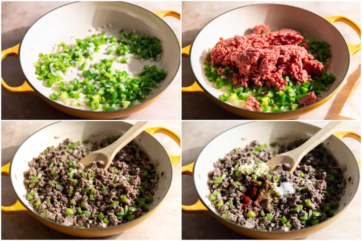 Step by step collage making an enchilada skillet: cooking veggies, ground beef, adding seasonings.
