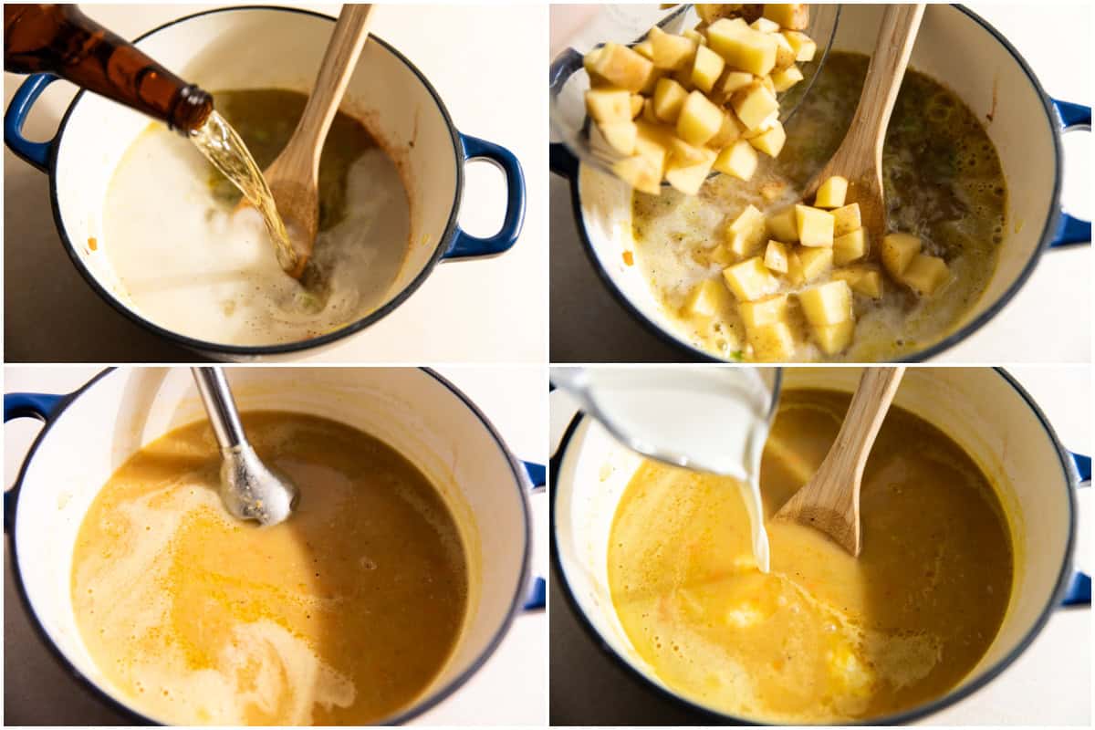 Step by step how to make beer cheese soup, showing pouring in beer, adding potatoes, blending and pouring in heavy cream. 