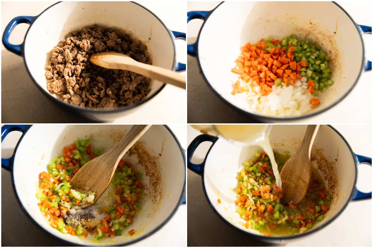 Step by step how to make loaded beer cheese soup showing cooking ground sausage, removing and sauteing veggies, adding in broth. 