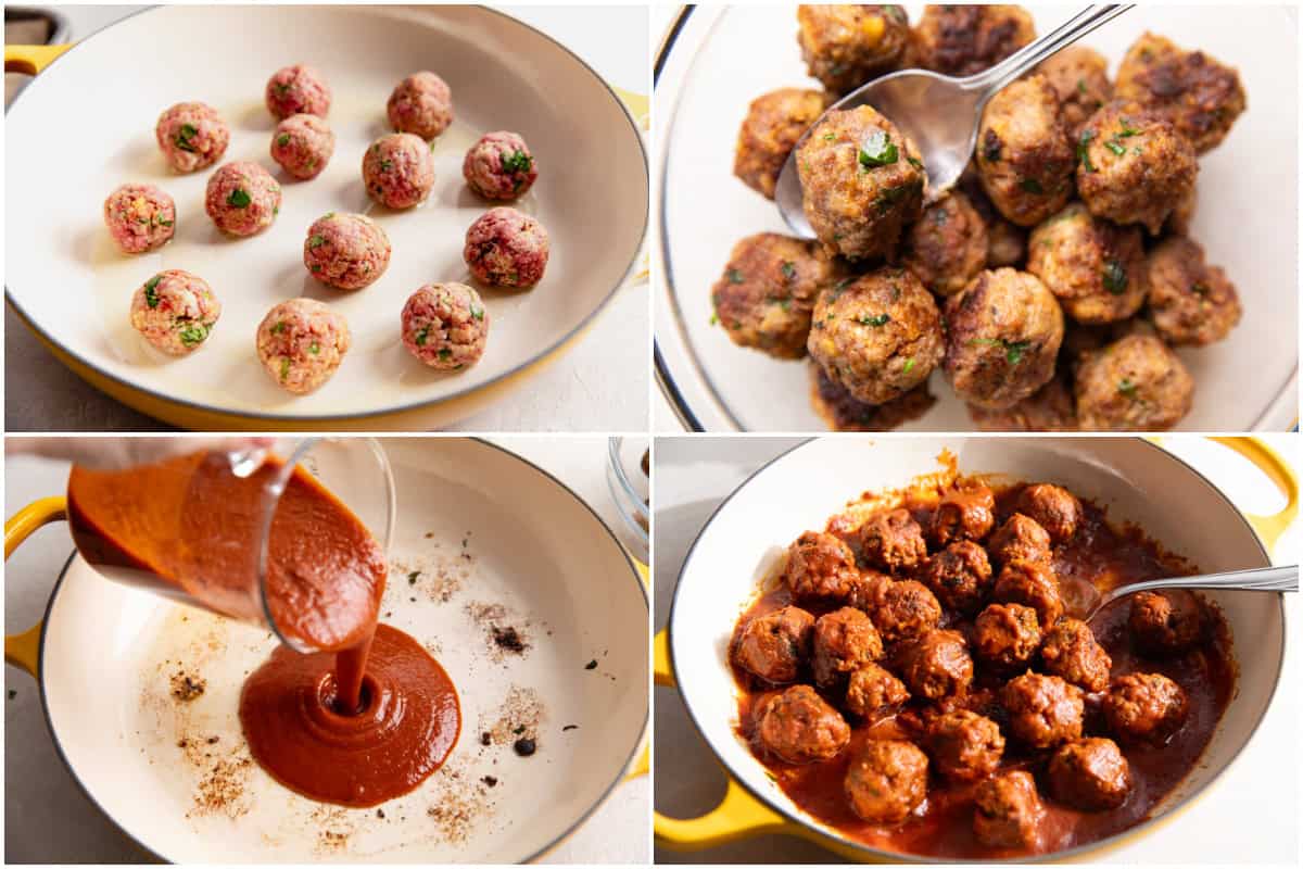 Step by step how to make enchilada meatballs showing searing meatballs in a skillet, after cooking, pouring sauce into the skillet then the meatballs cooking in the sauce.