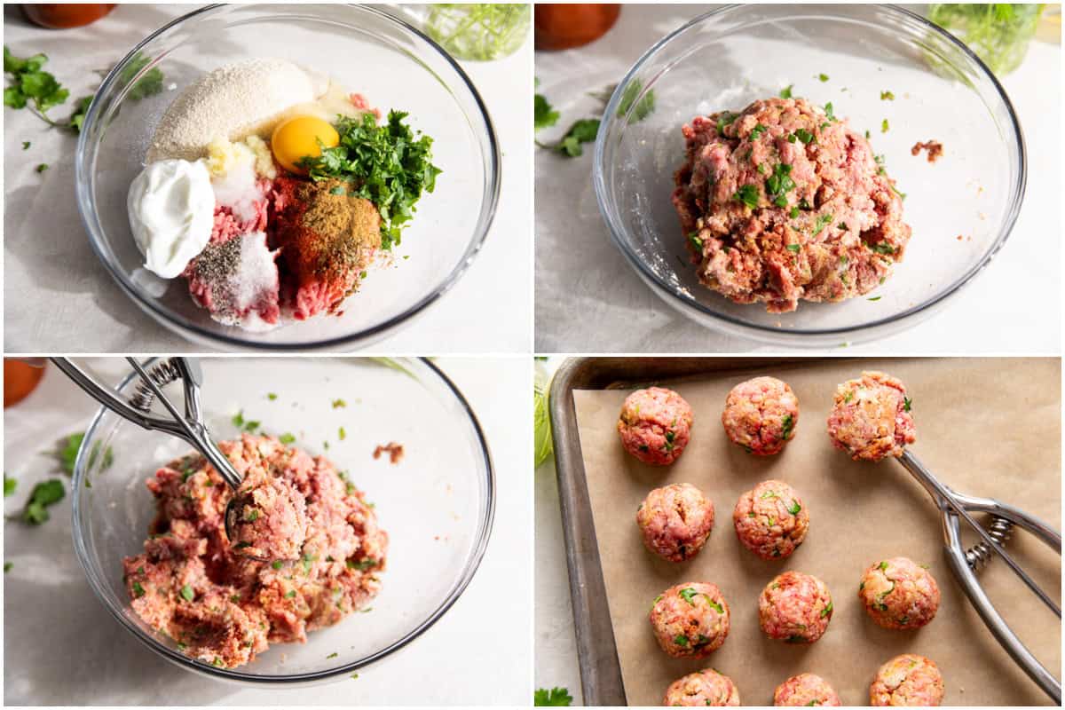 Step by step of how to make enchilada meatballs showing ingredients in a bowl, before and after mixing, scooping with a spoon and forming into meatballs. 