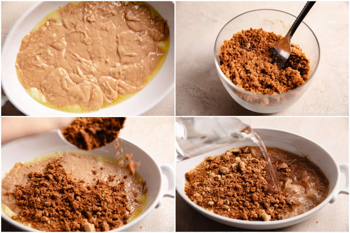 How to make a snickerdoodle cobbler, batter poured in dish over butter, topping mixed and sprinkled on top, and hot water poured over everything. 