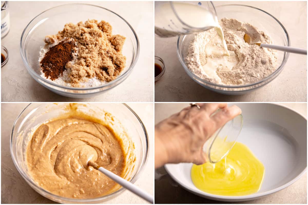 Step by step how to make snickerdoodle cobbler showing dry ingredients being mixed, pouring in milk, mixing together, and melting butter in a baking dish. 
